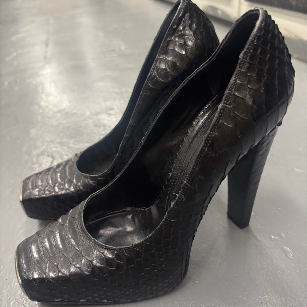 Black Textured Square-Toe Heels